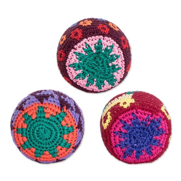 Alternate image for Set of 3 Knit Colorful Cotton Hacky Sacks from Guatemala Geometric Sweetness
