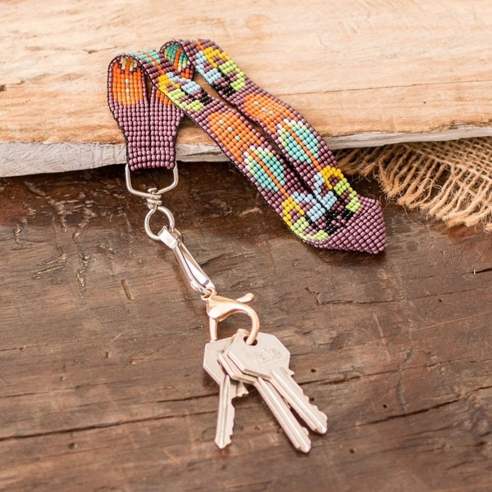 Handcrafted Geometric Glass Beaded Keychain in Purple 'Key to Dreams'
