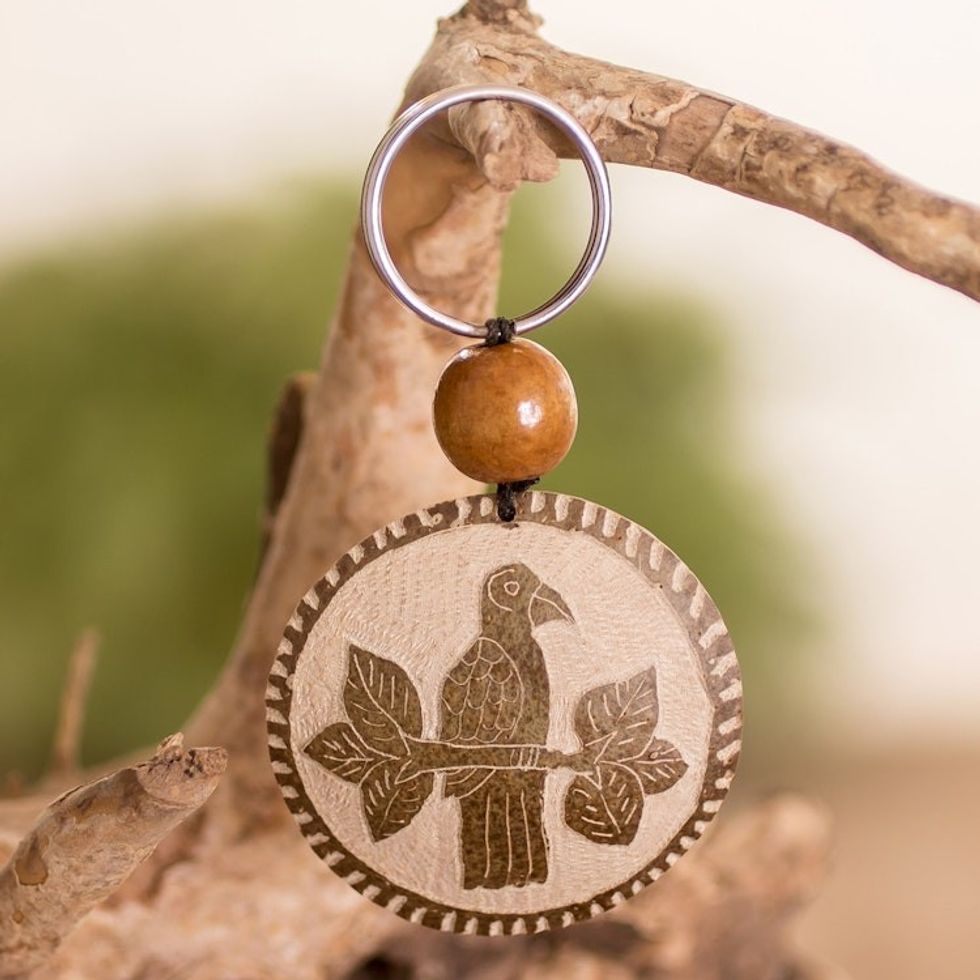 Bird Keychain Hand-Carved in Dried Calabash Gourd with Bead 'Exotic Bird'