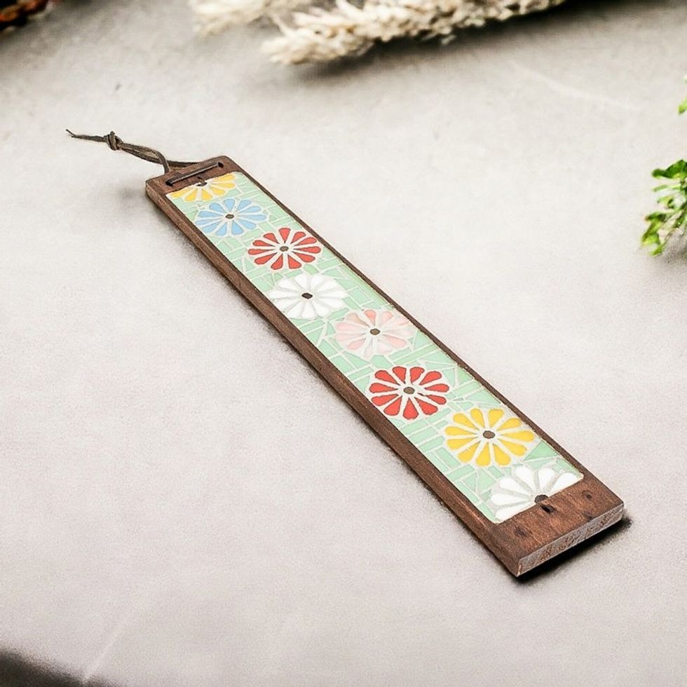 Handmade Glass Floral Mosaic Incense Holder in Bright Hues 'Floral Morning'