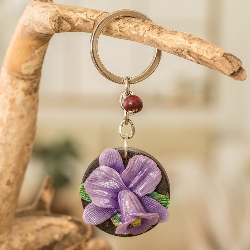 Handmade Painted Pinewood and Cold Porcelain Guaria Keychain 'The Little Guaria'