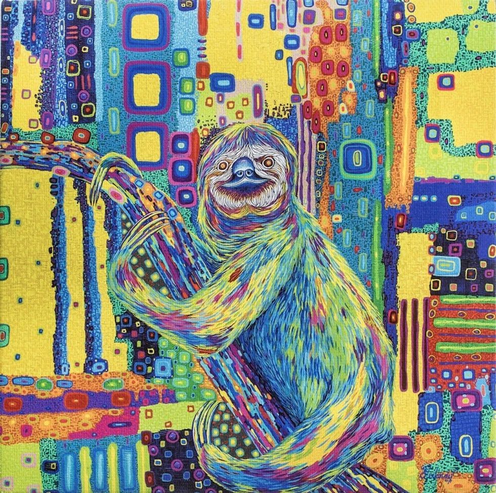 Modern Multicolored Stretched Sublimation Print of A Sloth 'Colorful Sloth'