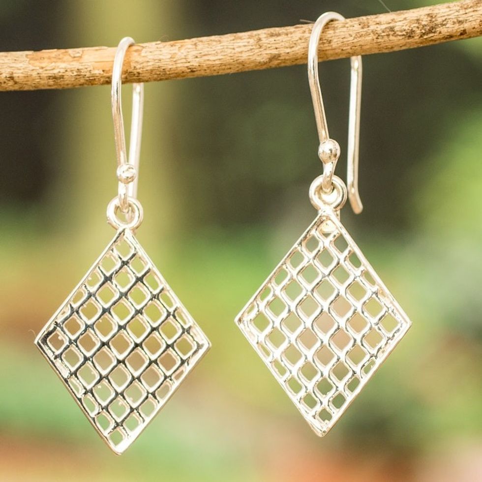 Polished Geometric-Patterned Diamond-Shaped Dangle Earrings 'Ethereal Diamond'