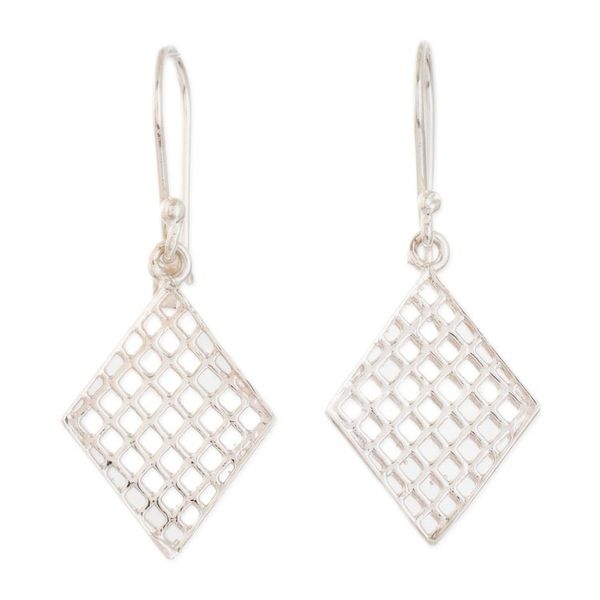 Alternate image for Polished Geometric-Patterned Diamond-Shaped Dangle Earrings Ethereal Diamond