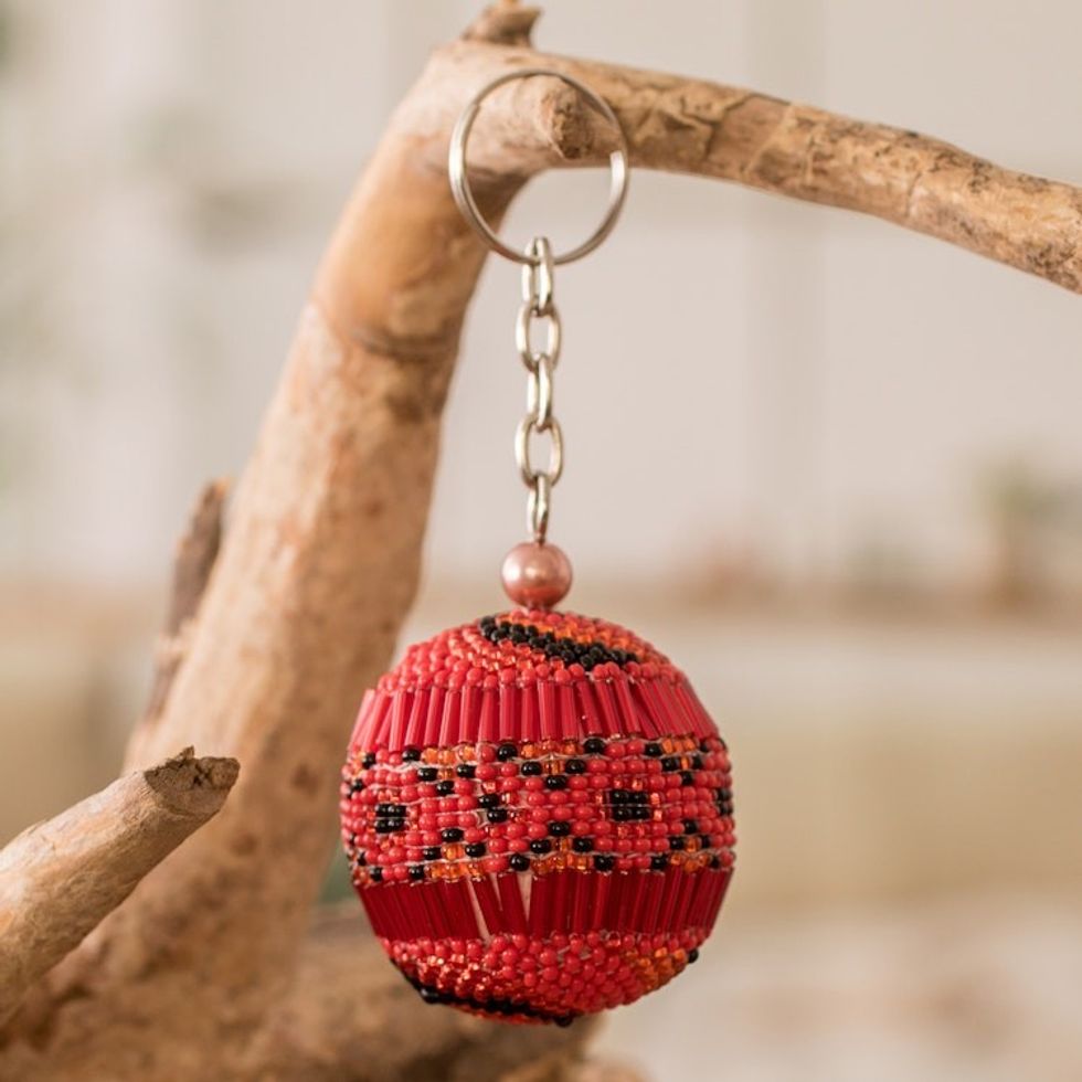Handmade Beaded Keychain and Bag Charm in Red and Black 'Red Sphere'