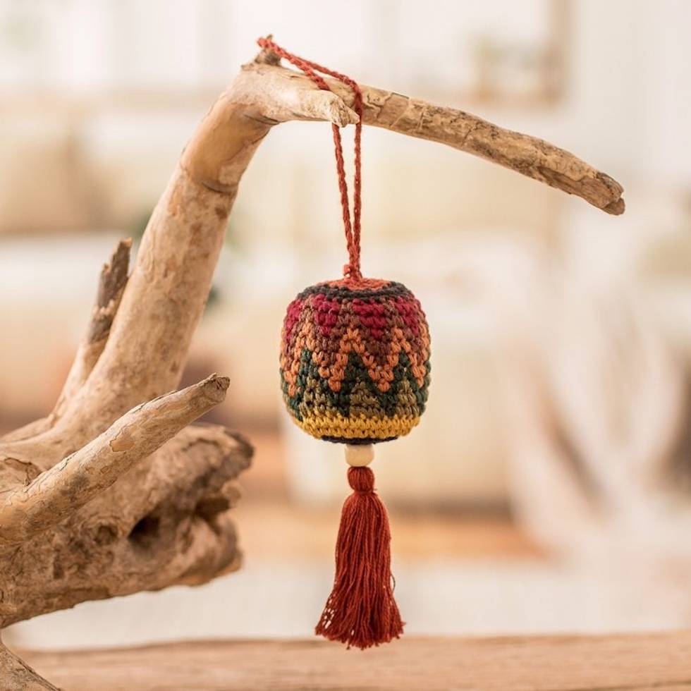 Traditional Knit Cotton Hacky Sack Ornament in Warm Hues 'Classic Fun'