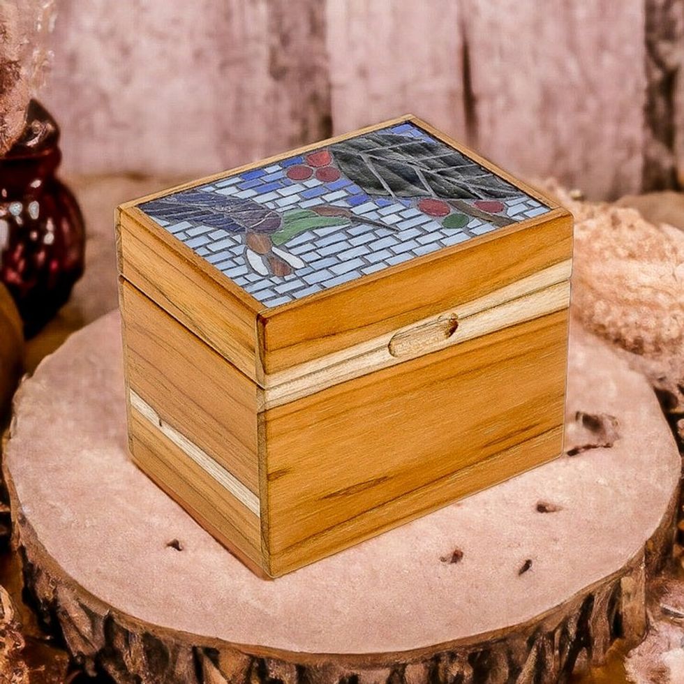 Handcrafted Hummingbird Mosaic Teak Wood Decorative Box 'Mosaically Harmonious'