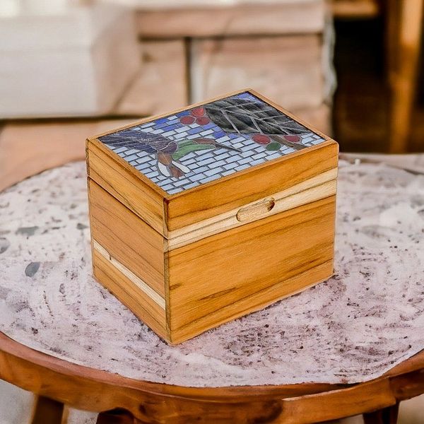 Alternate image for Handcrafted Hummingbird Mosaic Teak Wood Decorative Box Mosaically Harmonious