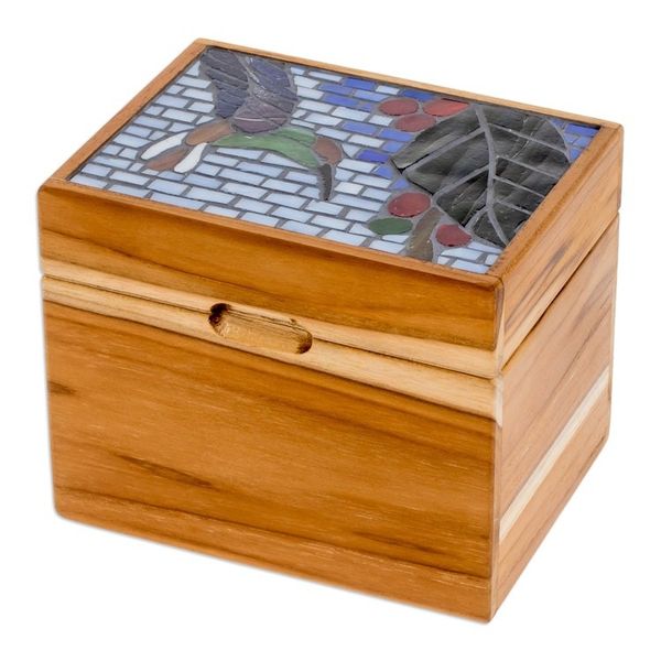 Alternate image for Handcrafted Hummingbird Mosaic Teak Wood Decorative Box Mosaically Harmonious