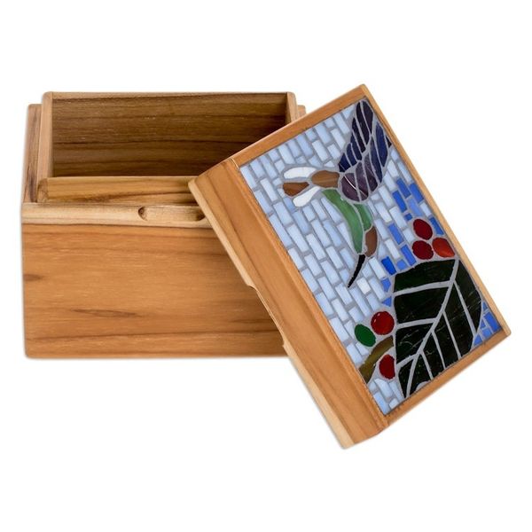 Alternate image for Handcrafted Hummingbird Mosaic Teak Wood Decorative Box Mosaically Harmonious