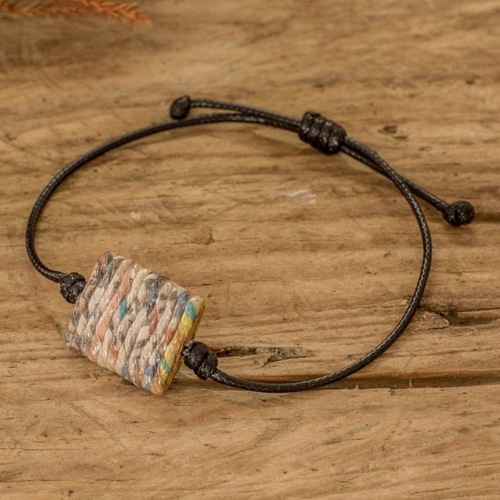Handcrafted Eco-Friendly Recycled Paper Pendant Bracelet 'History Threads in Black'