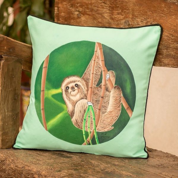 Alternate image for Polyester Mint Cushion Cover with Hand-Painted Scene Dreamy Sloth