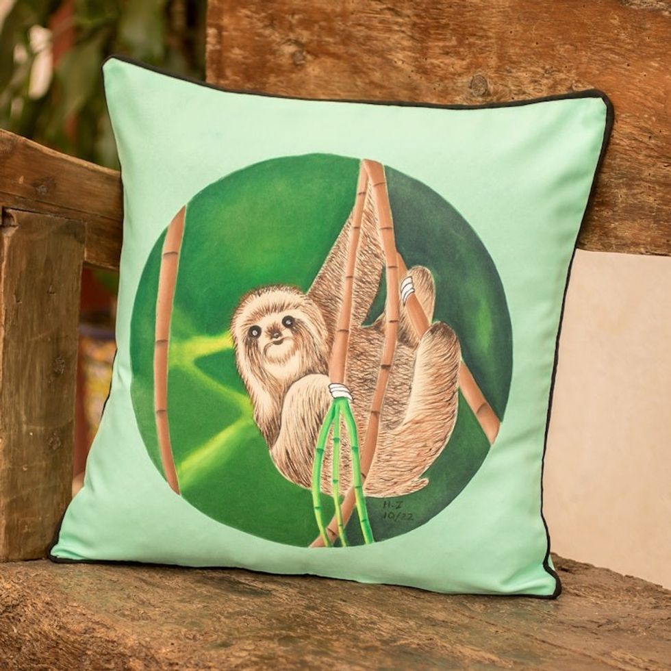 Polyester Mint Cushion Cover with Hand-Painted Scene 'Dreamy Sloth'