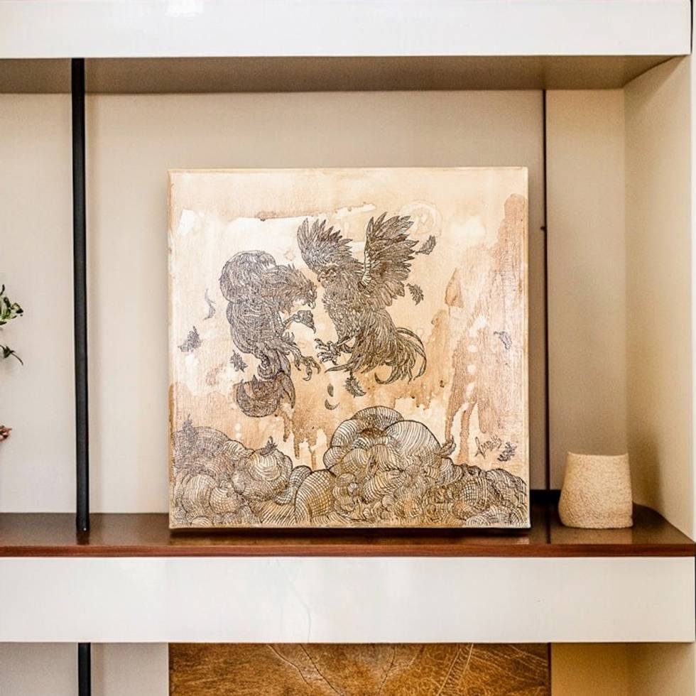 Signed Stretched Impressionist Ink and Coffee Wash Painting 'Cockfight'