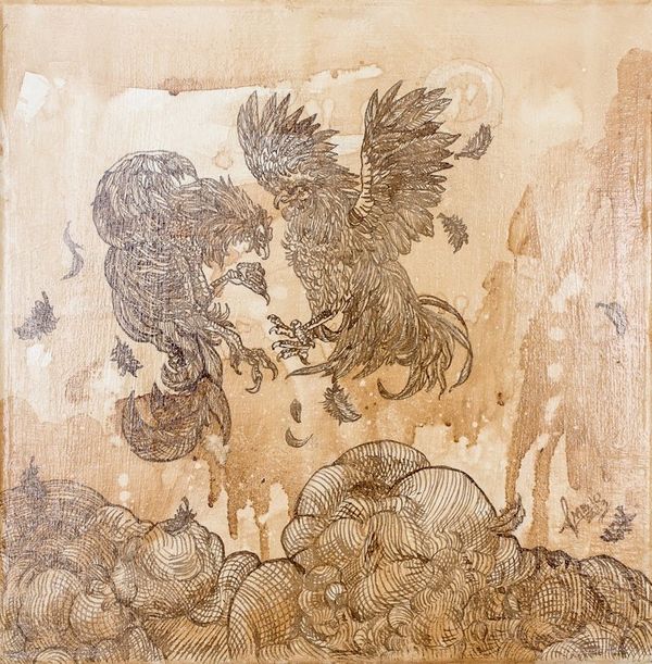 Alternate image for Signed Stretched Impressionist Ink and Coffee Wash Painting Cockfight