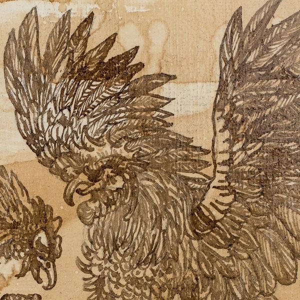 Alternate image for Signed Stretched Impressionist Ink and Coffee Wash Painting Cockfight