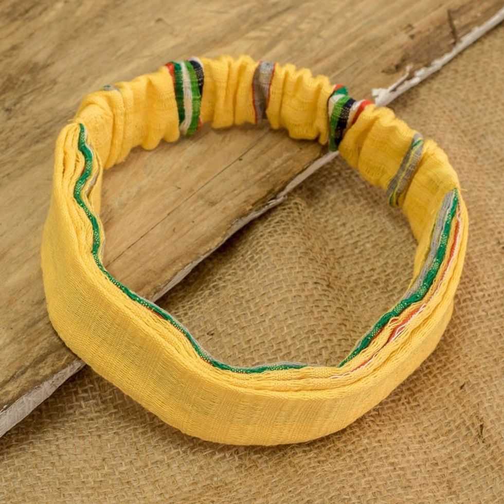 Handcrafted Yellow Cotton Headband with Vibrant Stripes 'Goldenrod Wish'