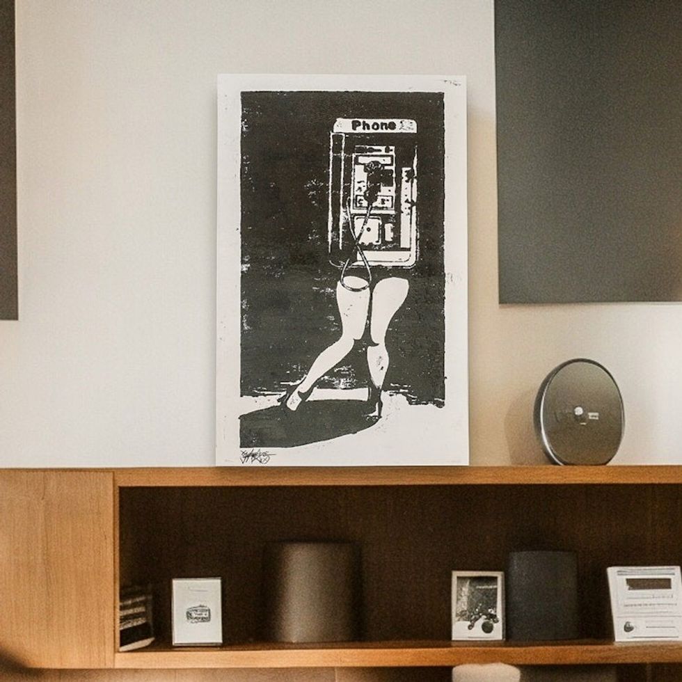 Handcrafted Whimsical Expressionist Woodcut Print 'Payphone'