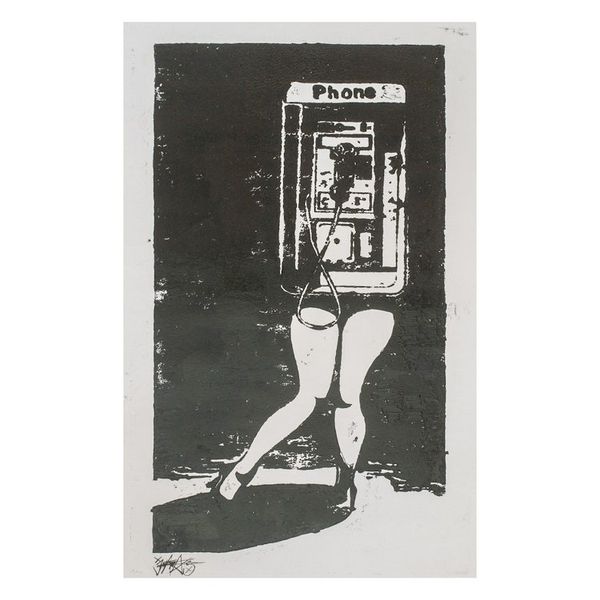 Alternate image for Handcrafted Whimsical Expressionist Woodcut Print Payphone