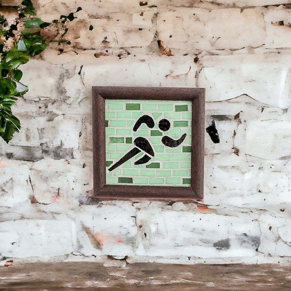 Athlete-Themed Teak Wood and Glass Mosaic Wall Accent 'Athletic Mosaic'