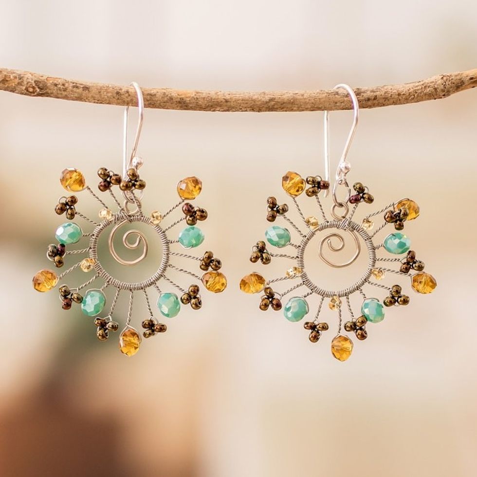 Crystal Glass Beaded Dangle Earrings with 925 Silver Hooks 'Beaming Sun'