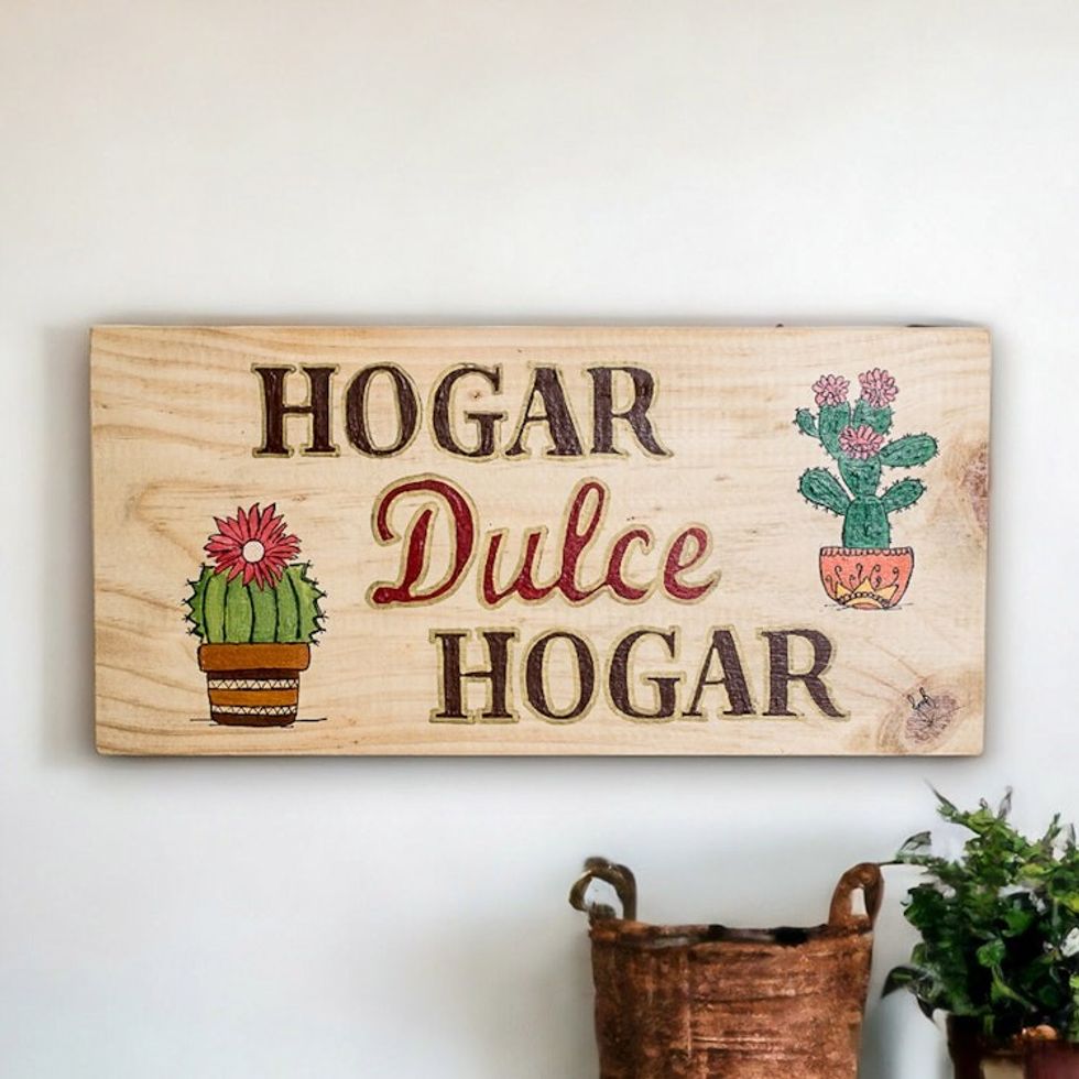 Wood Cactus Wall Art with Spanish Home Sweet Home Message 'Home Sweet Home'