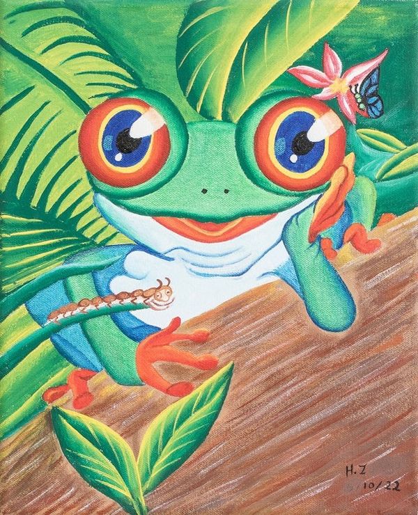Alternate image for Signed Stretched Acrylic Naif Painting in a Vibrant Palette Frog
