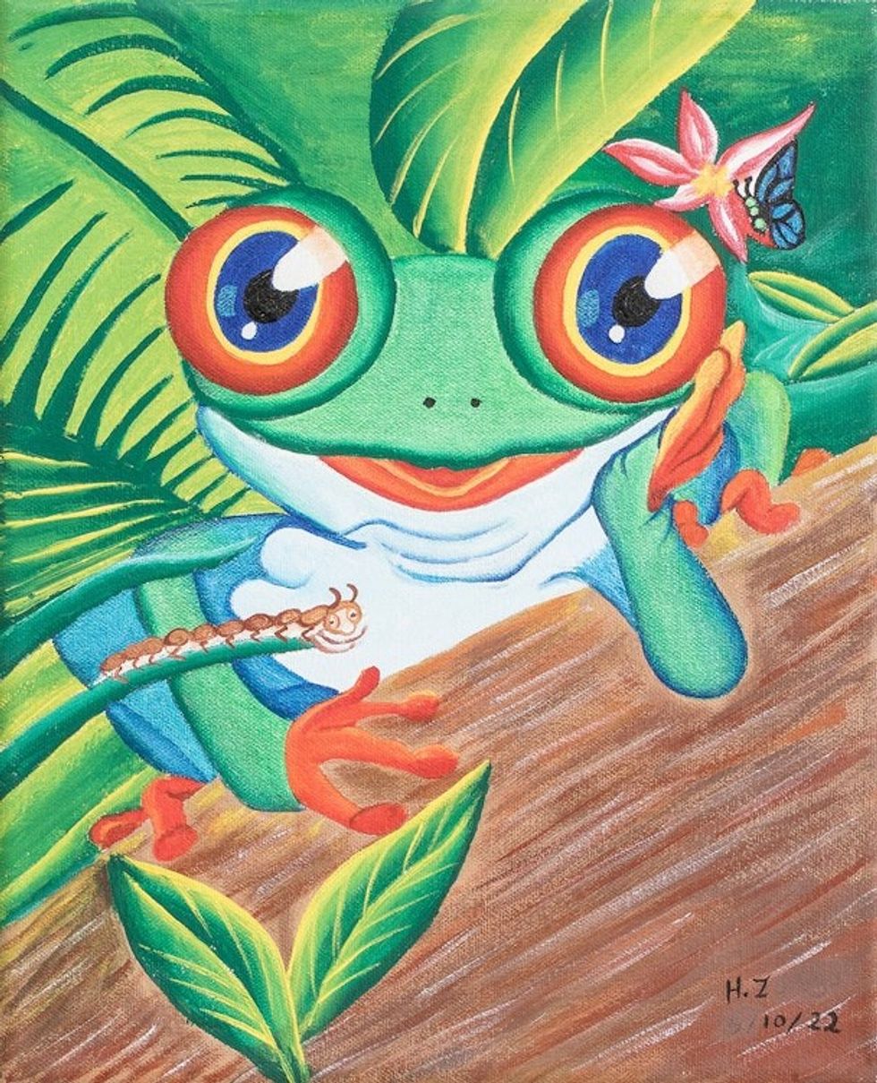Signed Stretched Acrylic Naif Painting in a Vibrant Palette 'Frog'