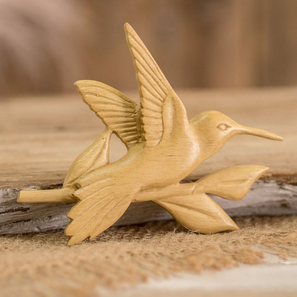 Hummingbird Kitchen Magnet Carved by Hand from Teak Wood 'Flapping Hummingbird'