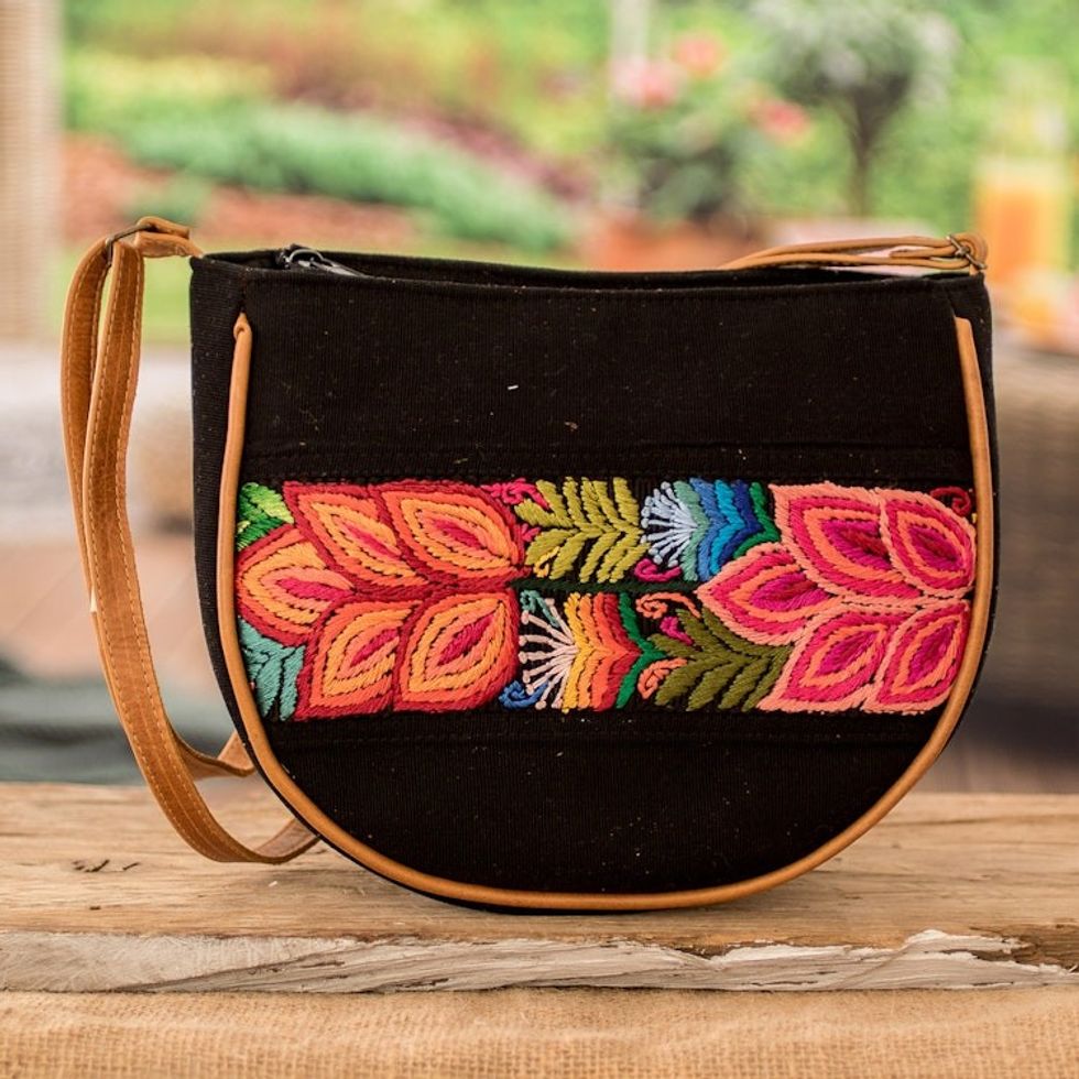 Handloomed Half-Moon Leather-Accented Black Cotton Sling Bag 'Moony Spring'