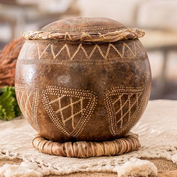 Alternate image for Hand-Carved Geometric-Themed Dried Gourd Decorative Accent Sacred Treasure