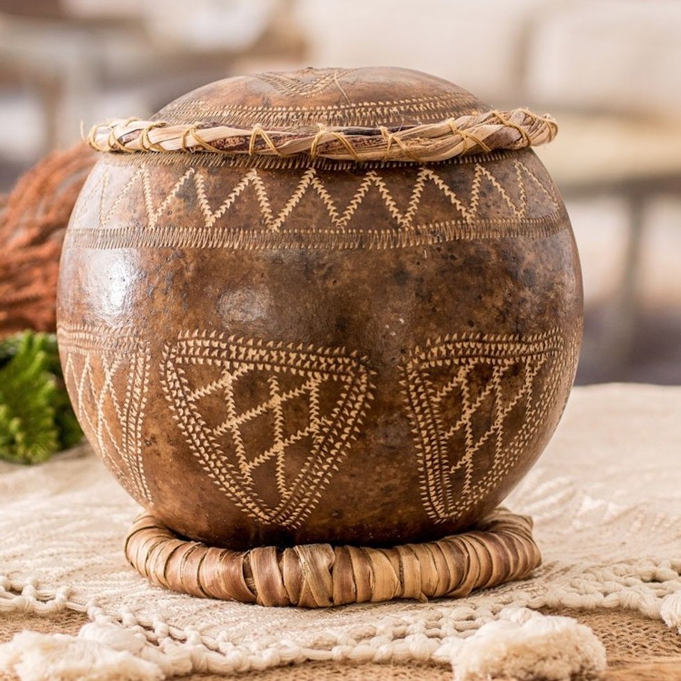 Hand-Carved Geometric-Themed Dried Gourd Decorative Accent 'Sacred Treasure'