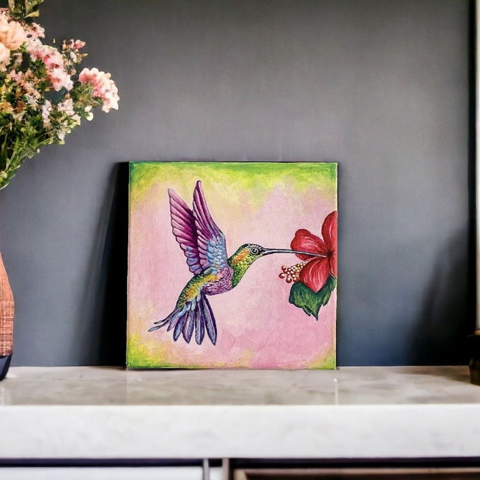 Eco-Friendly Colorful Acrylic Realistic Hummingbird Painting 'Multicolored Flight'