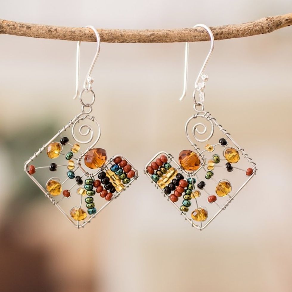 Geometric Brown Crystal and Glass Beaded Dangle Earrings 'Harmonious Brown Constellation'