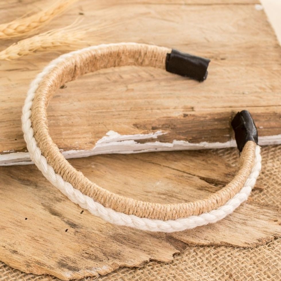 Handmade Jute Headband with Cotton Macrame Accent in Ivory 'Cascade'