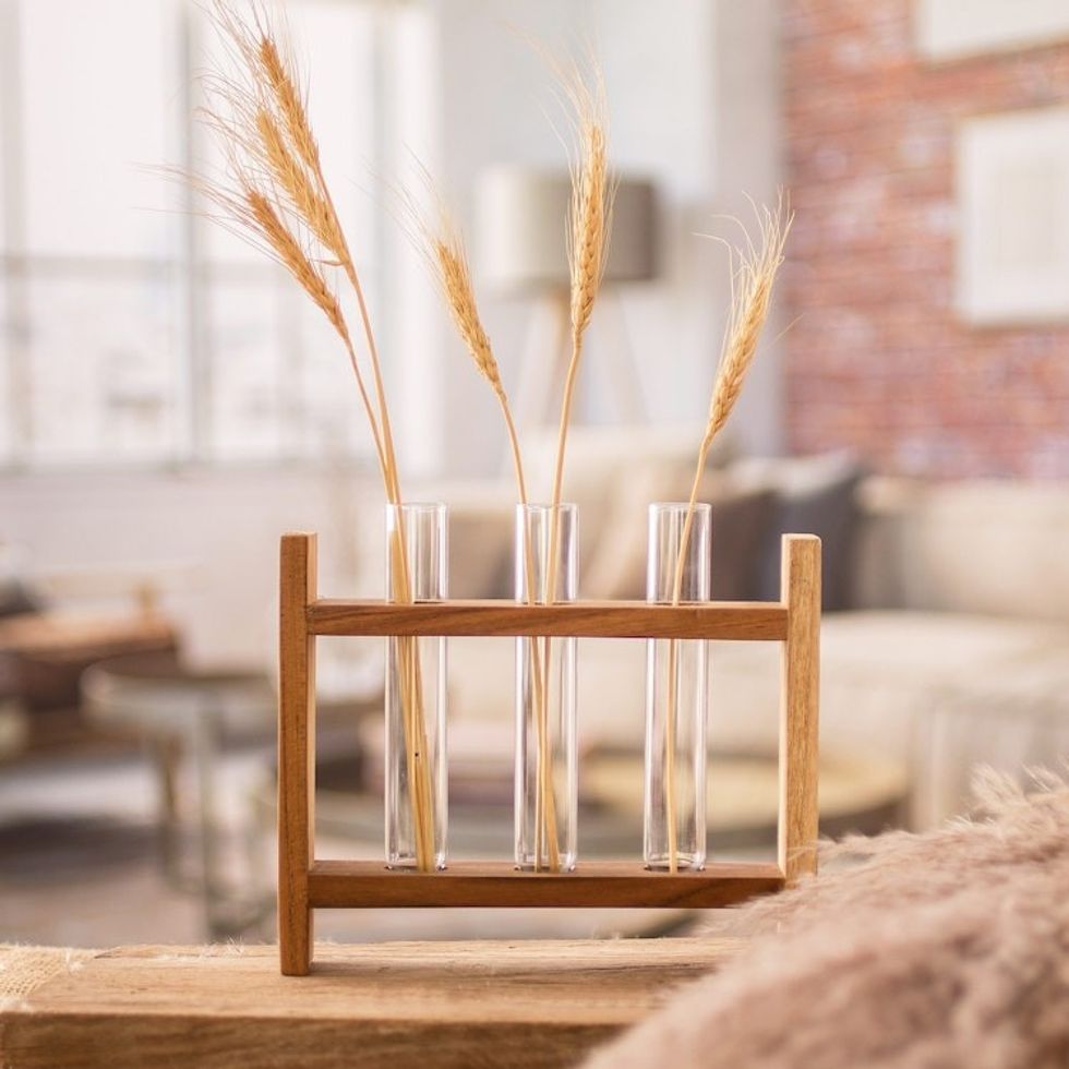 Teak Wood Stand with Glass Tube Vases from Guatemala 'Home Delight'