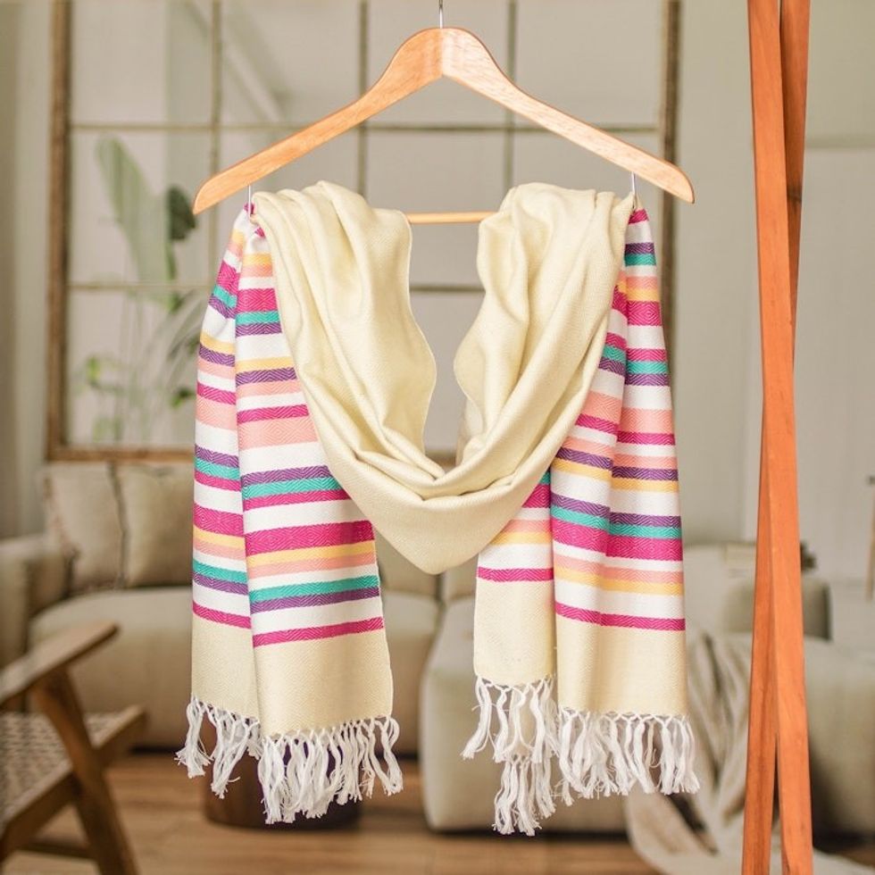 Handloomed Ivory Cotton Shawl with Colorful Stripes 'Dulcet Aurora'