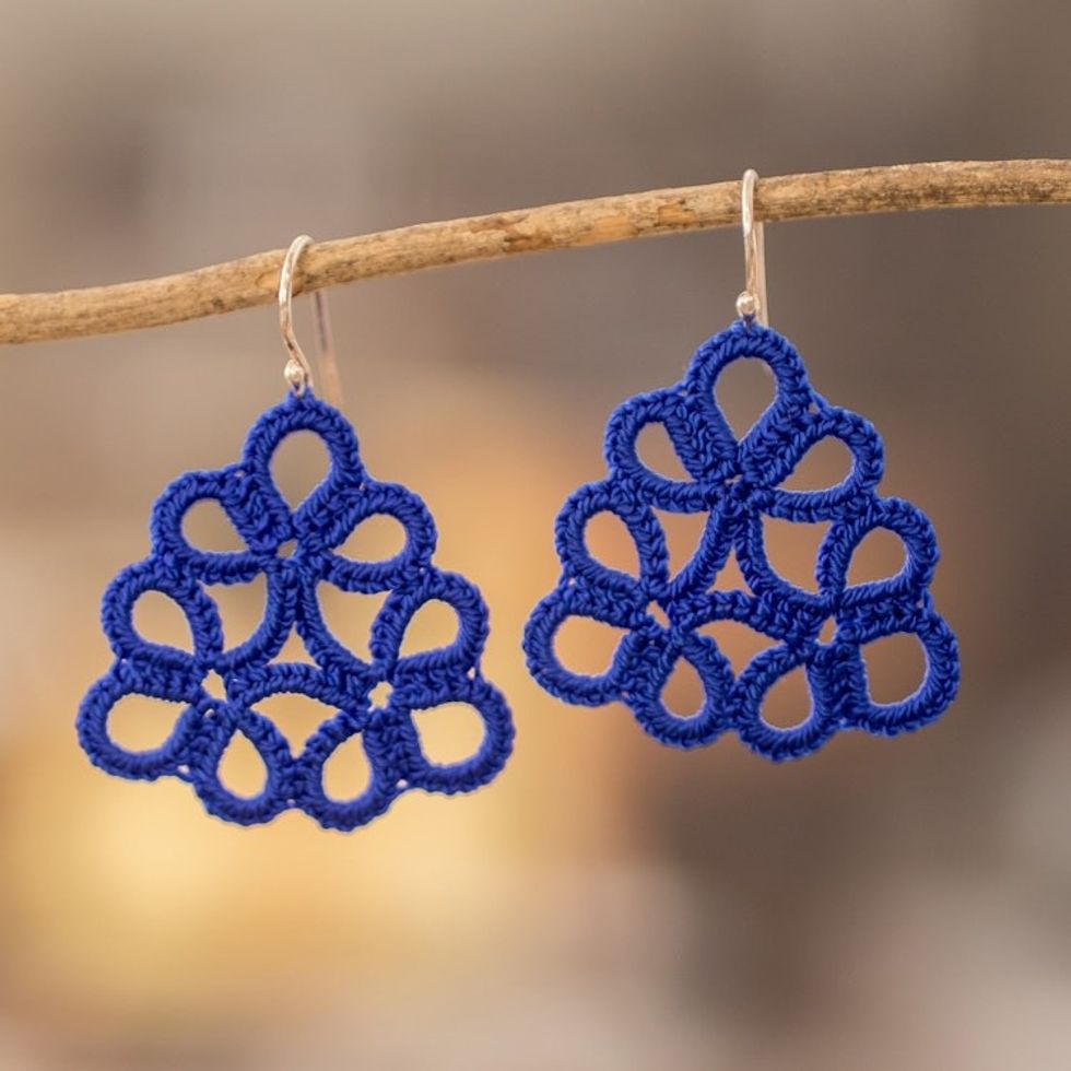 Hand-Tatted Blue Dangle Earrings with Sterling Silver Hooks 'Floral Essence in Blue'