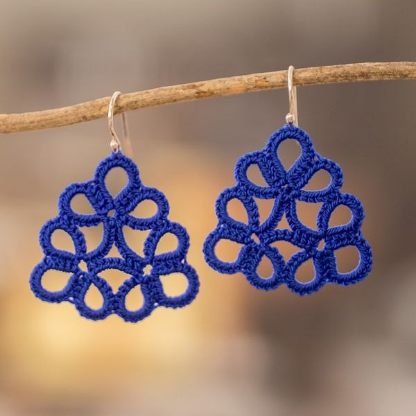 Alternate image for Hand-Tatted Blue Dangle Earrings with Sterling Silver Hooks Floral Essence in Blue