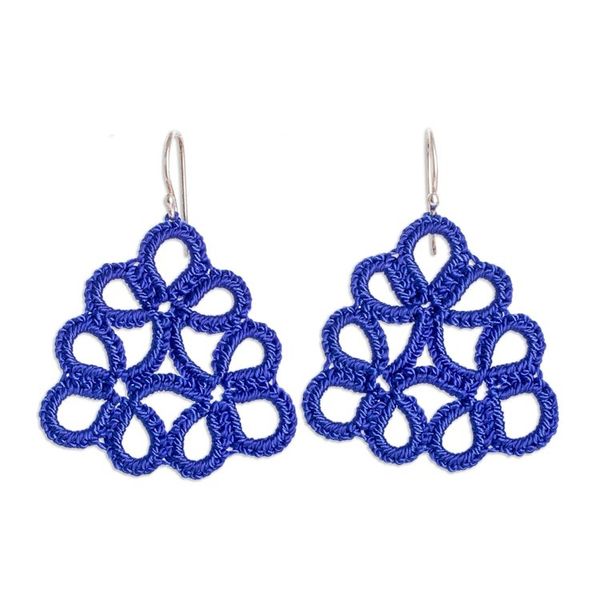 Alternate image for Hand-Tatted Blue Dangle Earrings with Sterling Silver Hooks Floral Essence in Blue