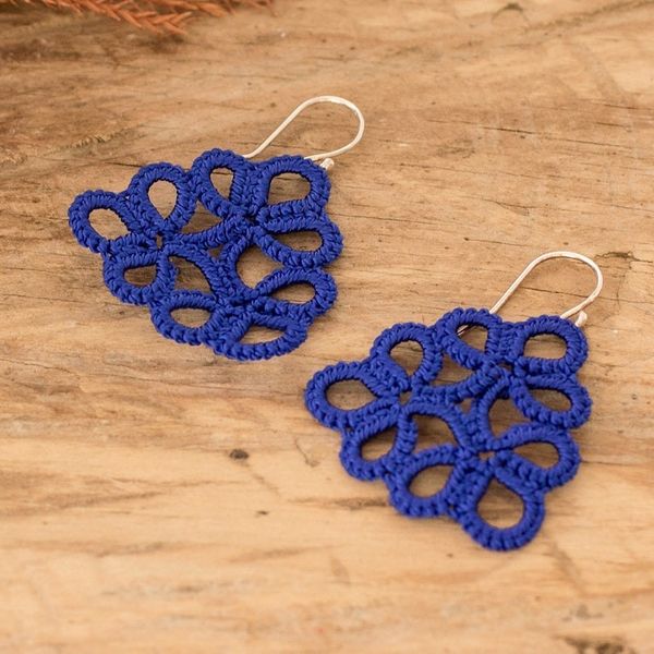 Alternate image for Hand-Tatted Blue Dangle Earrings with Sterling Silver Hooks Floral Essence in Blue