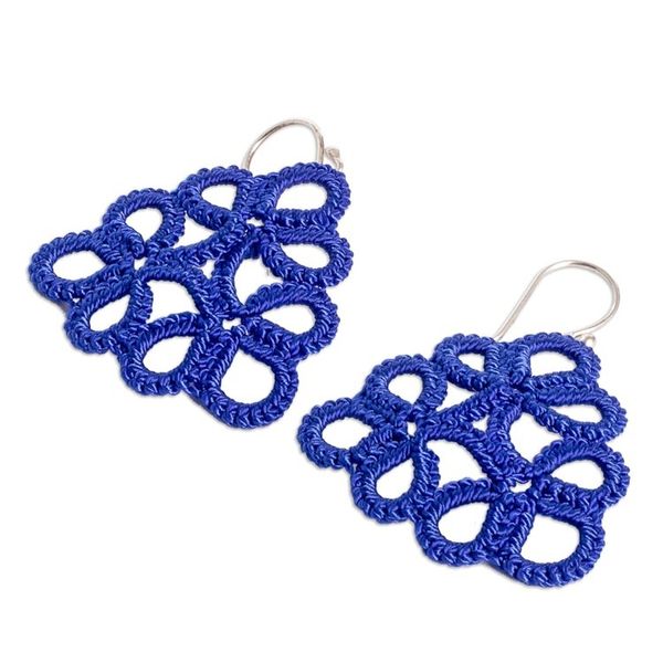 Alternate image for Hand-Tatted Blue Dangle Earrings with Sterling Silver Hooks Floral Essence in Blue