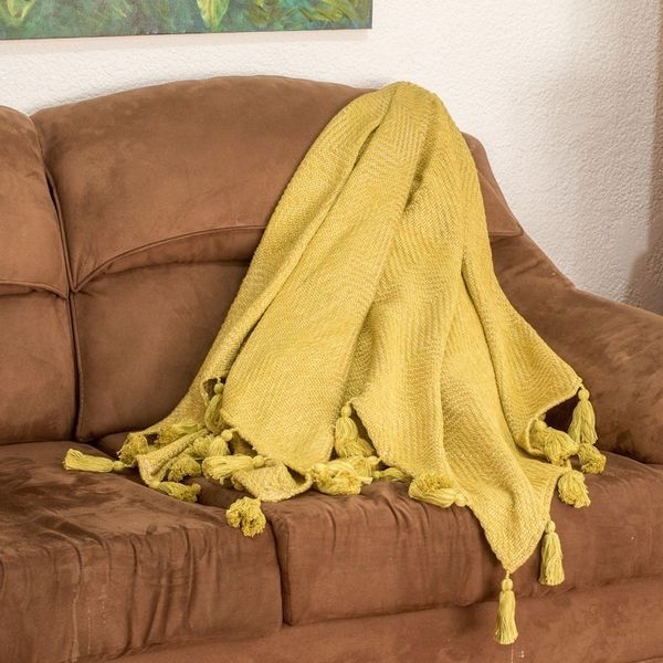 Alternate image for Handwoven Geometric Cotton Throw in Yellow with Tassels Chic Chartreuse