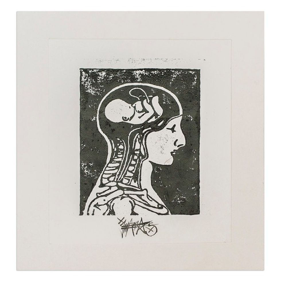 Expressionist Xylograph Print of X-Ray of Man and Fetus 'Conception'