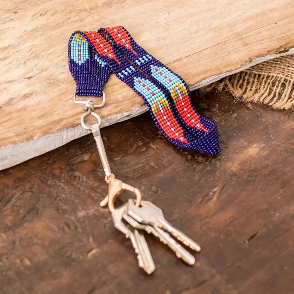 Handcrafted Geometric Glass Beaded Keychain in Blue 'Key to Enchantment'