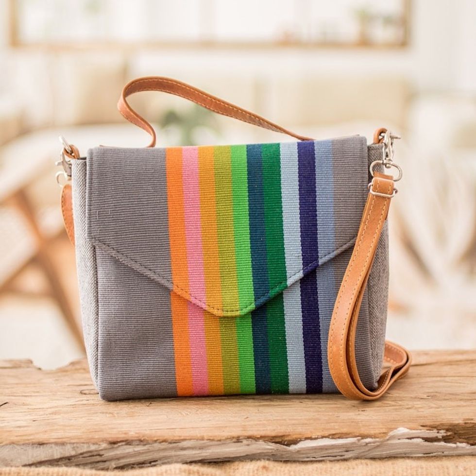 Leather-Accented Striped Cotton Sling Bag in Grey Base Hue 'Pewter Fate'