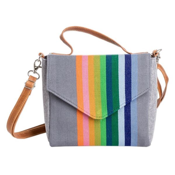 Alternate image for Leather-Accented Striped Cotton Sling Bag in Grey Base Hue Pewter Fate