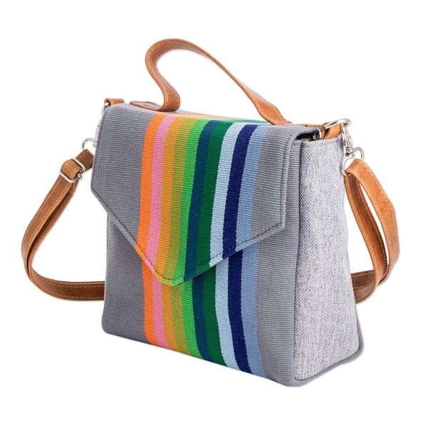Alternate image for Leather-Accented Striped Cotton Sling Bag in Grey Base Hue Pewter Fate