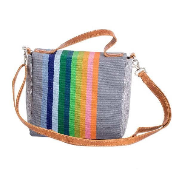 Alternate image for Leather-Accented Striped Cotton Sling Bag in Grey Base Hue Pewter Fate