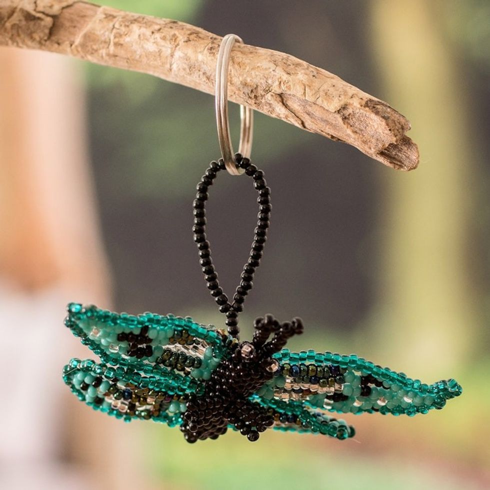 Handcrafted Green and Black Glass Beaded Butterfly Keychain 'Vital Hopes'